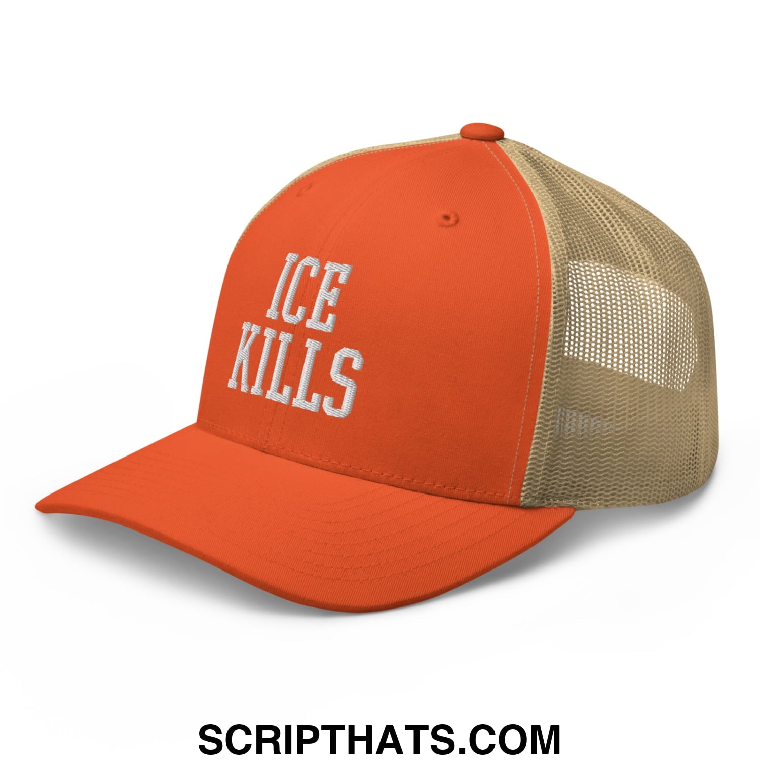 Orange and tan mesh trucker hat with ice kills embroidered in white on the front for casual wear