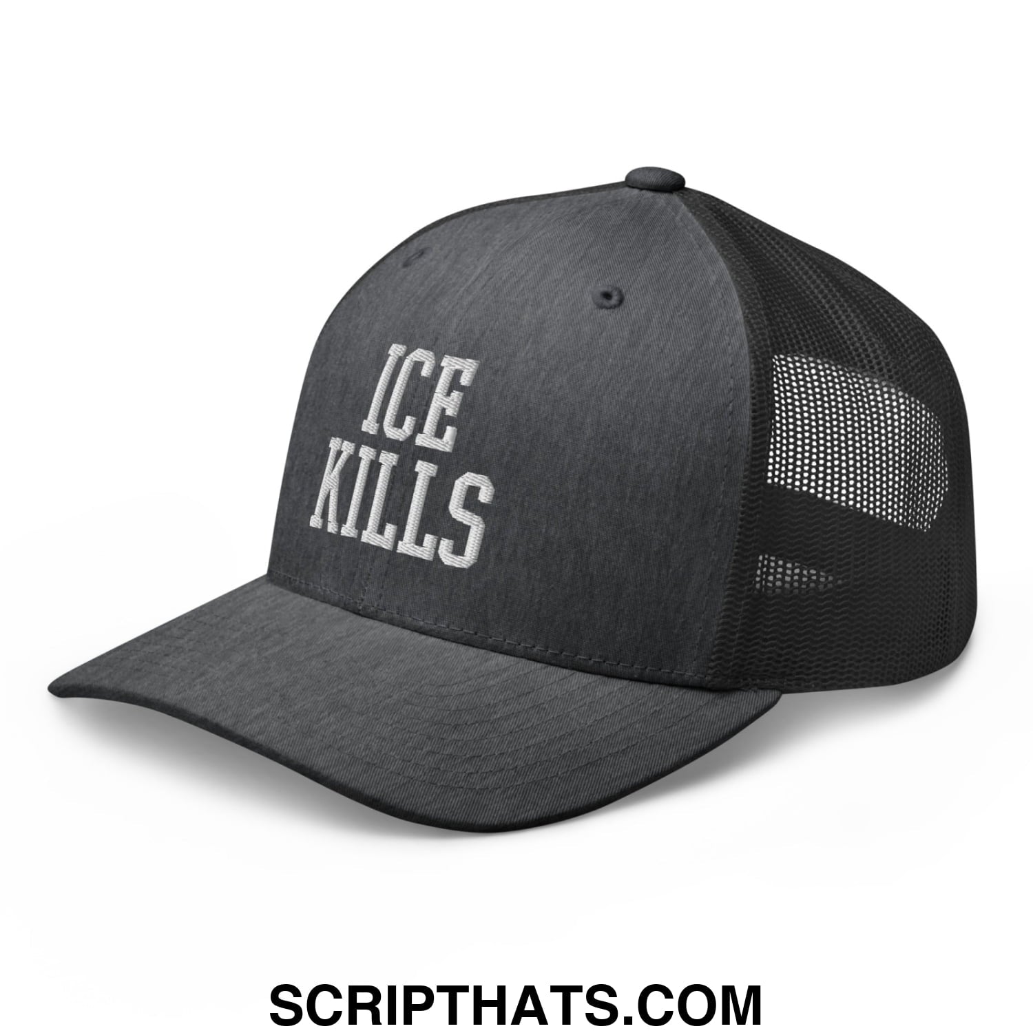 Black mesh trucker hat with ice kills embroidered in white on the front for casual wear