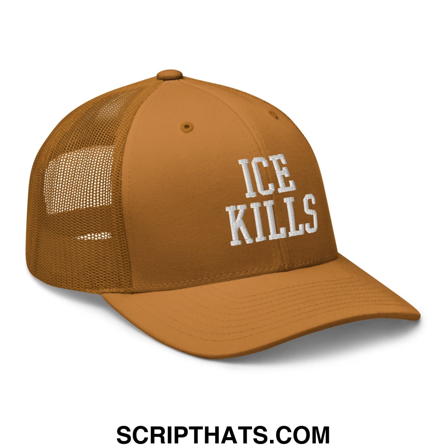 Tan mesh trucker hat with white embroidered ice kills text on the front panel for casual wear