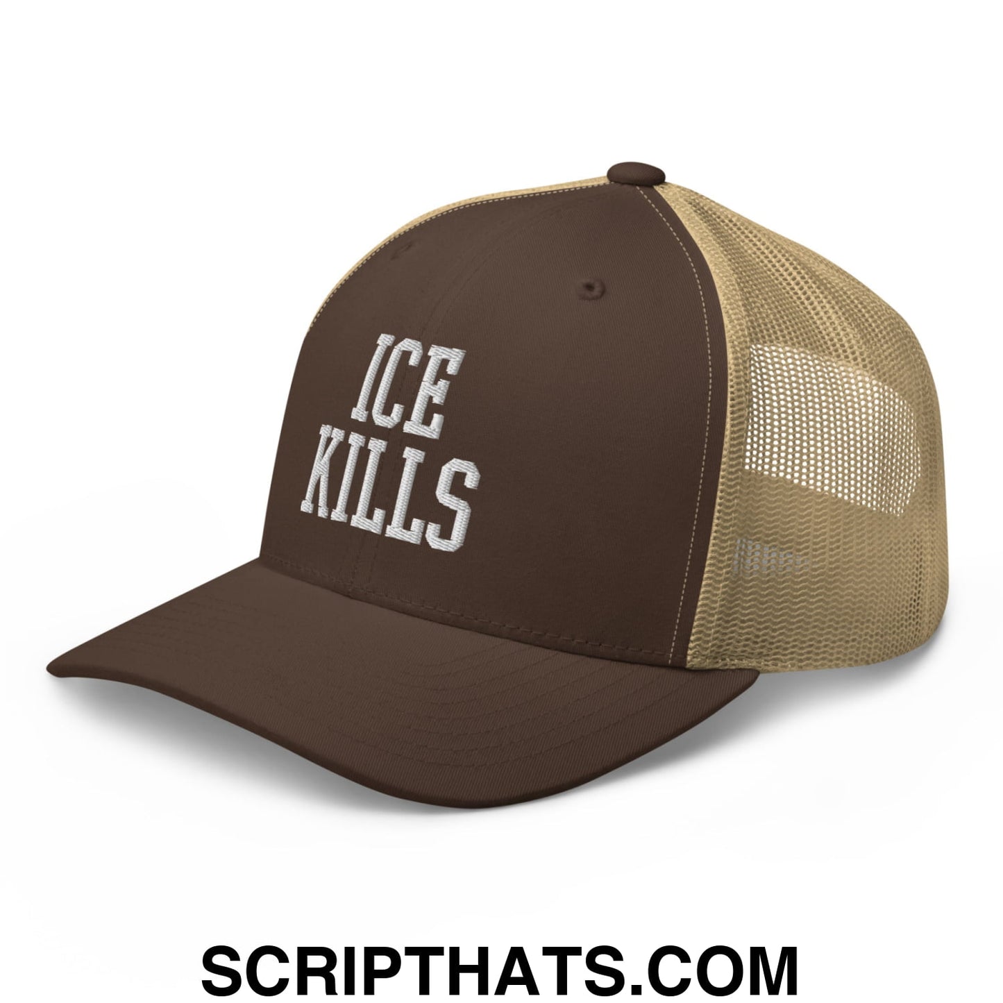 ICE Kills Embroidered Mesh Trucker Hat Brown Khaki