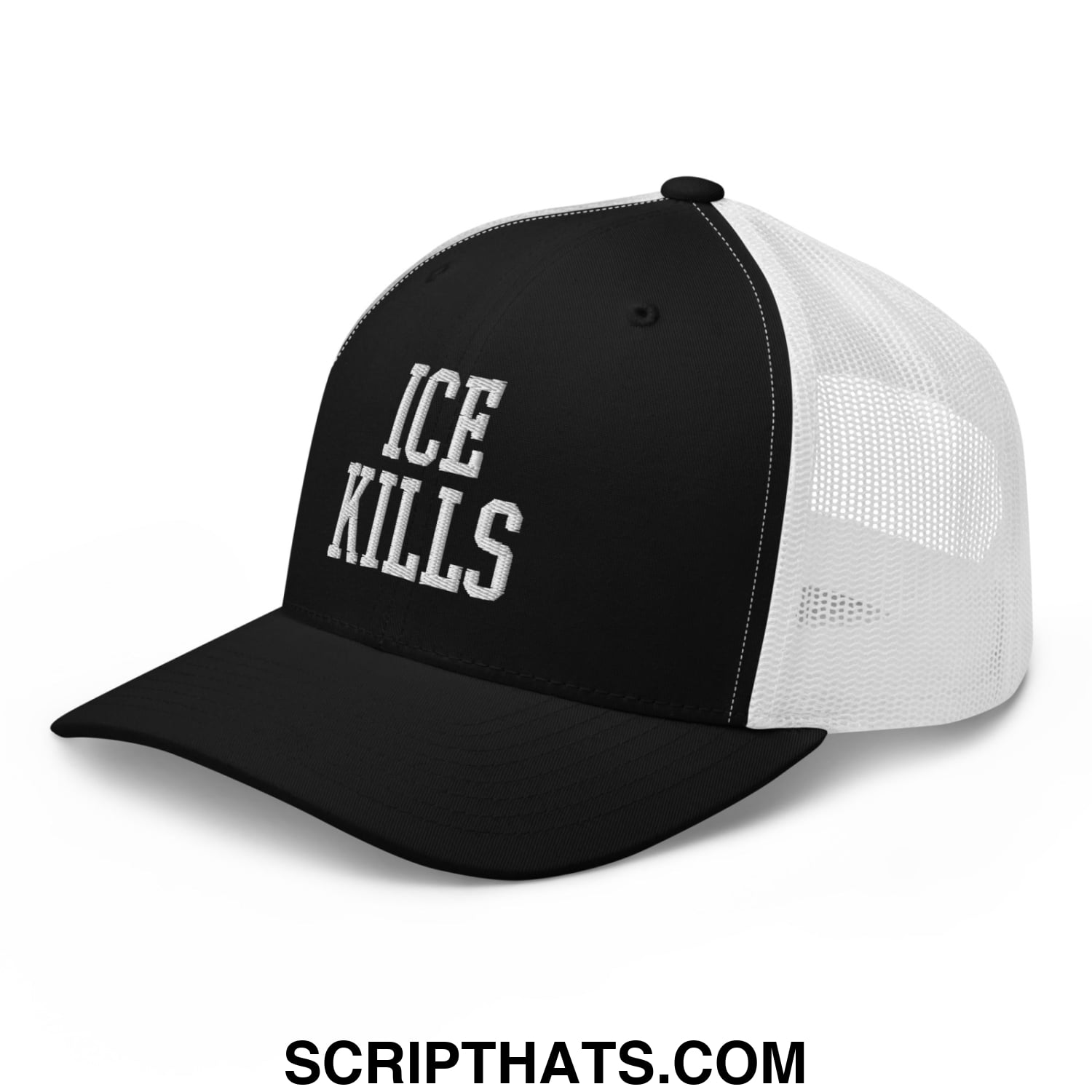 Black and white mesh trucker hat with ice kills embroidered in bold textured silver lettering on the front panel