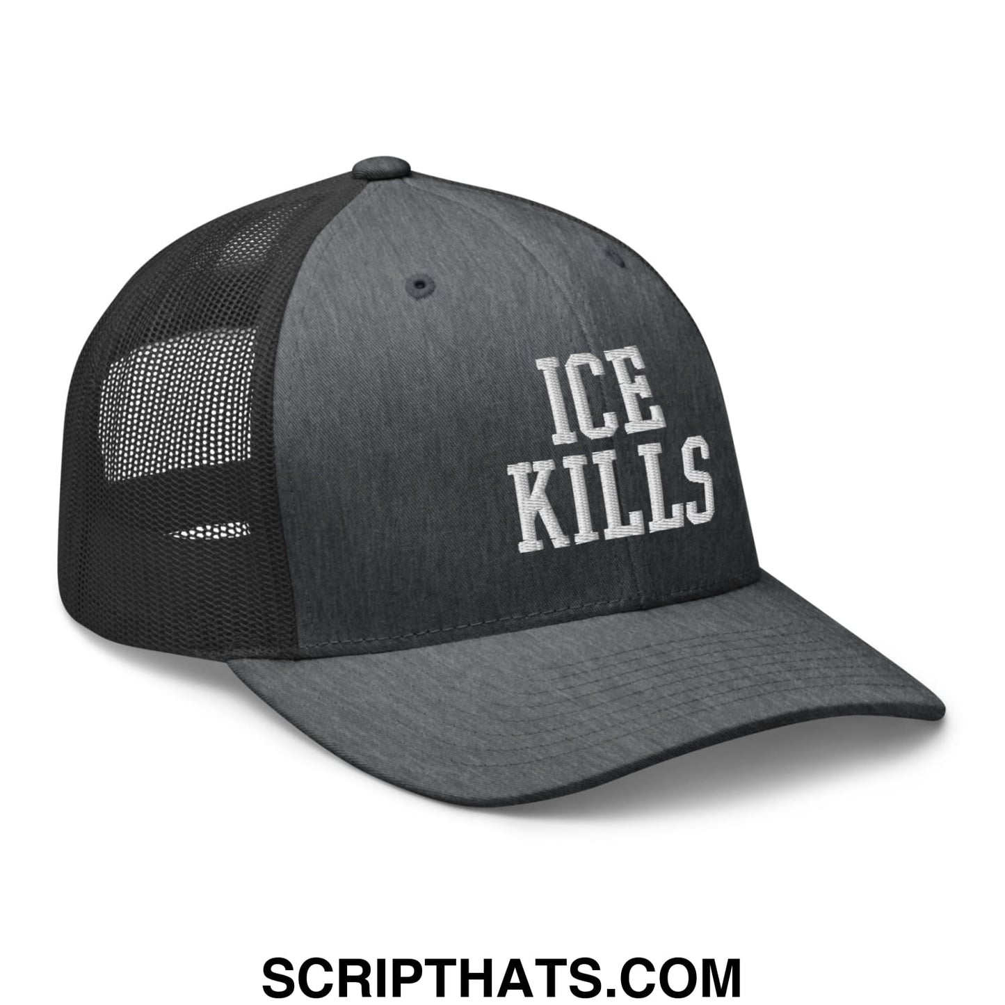 Black mesh trucker hat with white embroidered ice kills text on the front for casual streetwear style