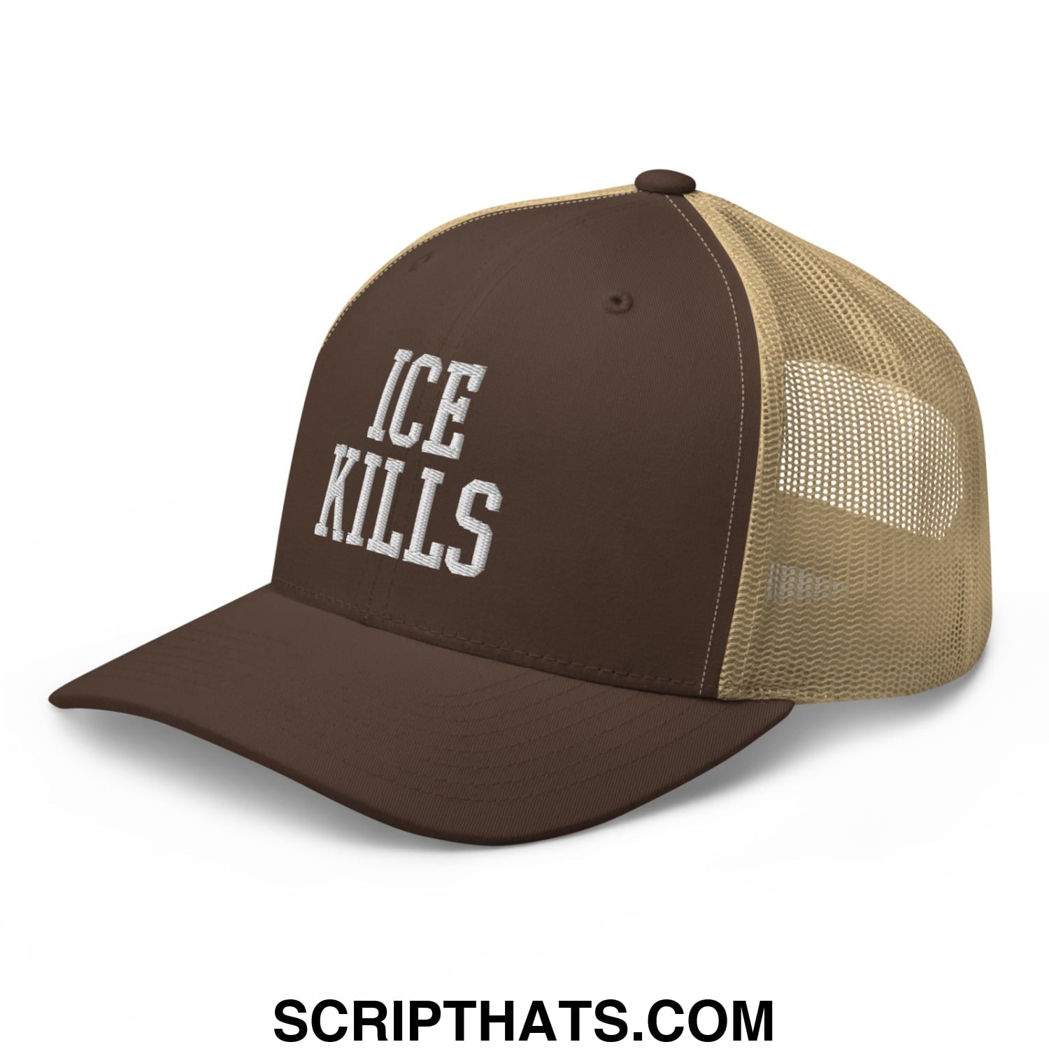 Brown and tan mesh trucker hat with ice kills embroidered in white on the front panel