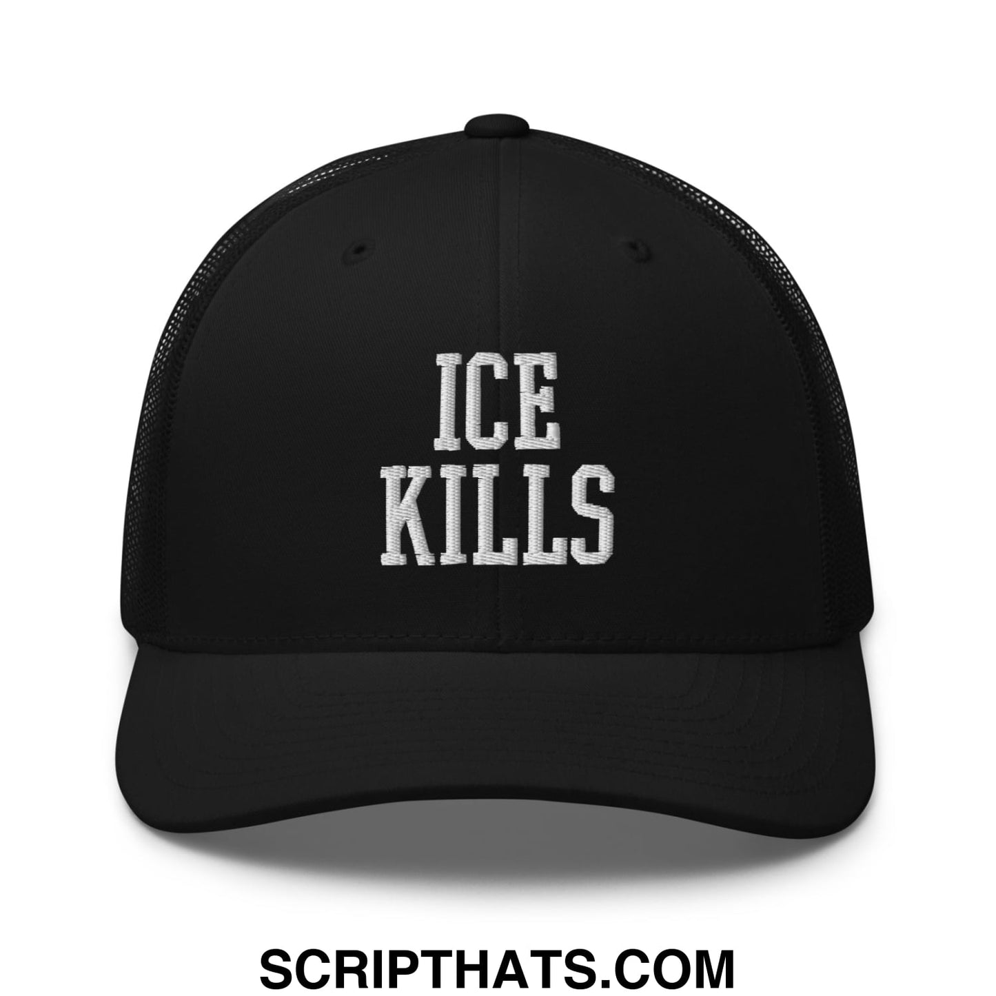 Black mesh trucker hat with white embroidered ice kills text on front in a breathable design