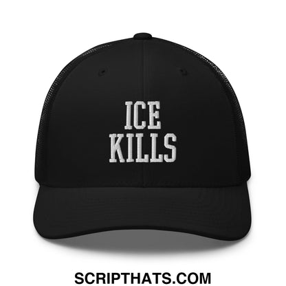 Black mesh trucker hat with white embroidered ice kills text on front in a breathable design