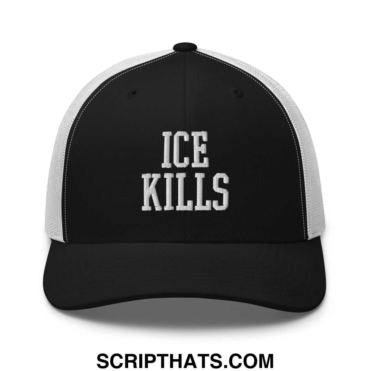 Black and white mesh trucker hat with ice kills embroidered in bold textured white lettering on the front