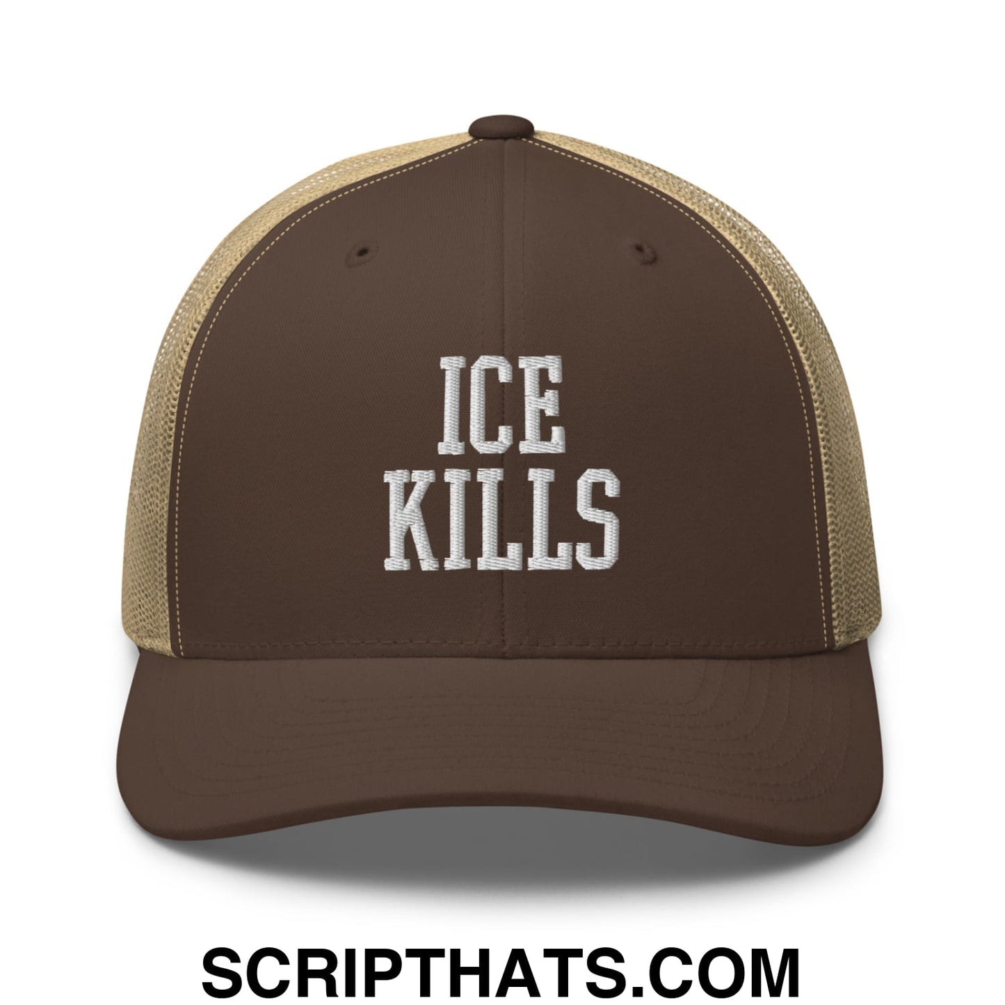 ICE Kills Embroidered Mesh Trucker Hat Brown Khaki