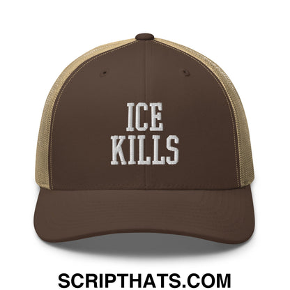 ICE Kills Embroidered Mesh Trucker Hat Brown Khaki