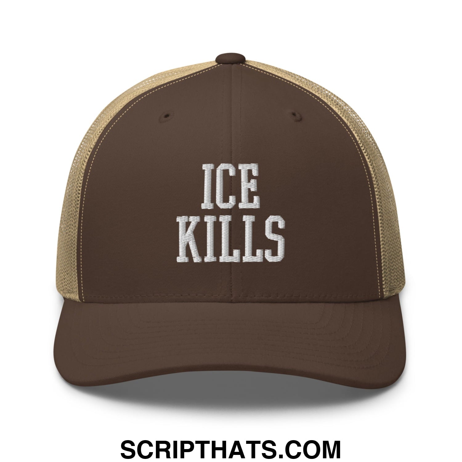 Brown and tan mesh trucker hat with ice kills embroidered in white on the front panel