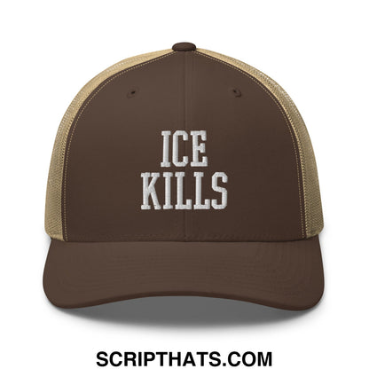 Brown and tan mesh trucker hat with ice kills embroidered in white on the front panel