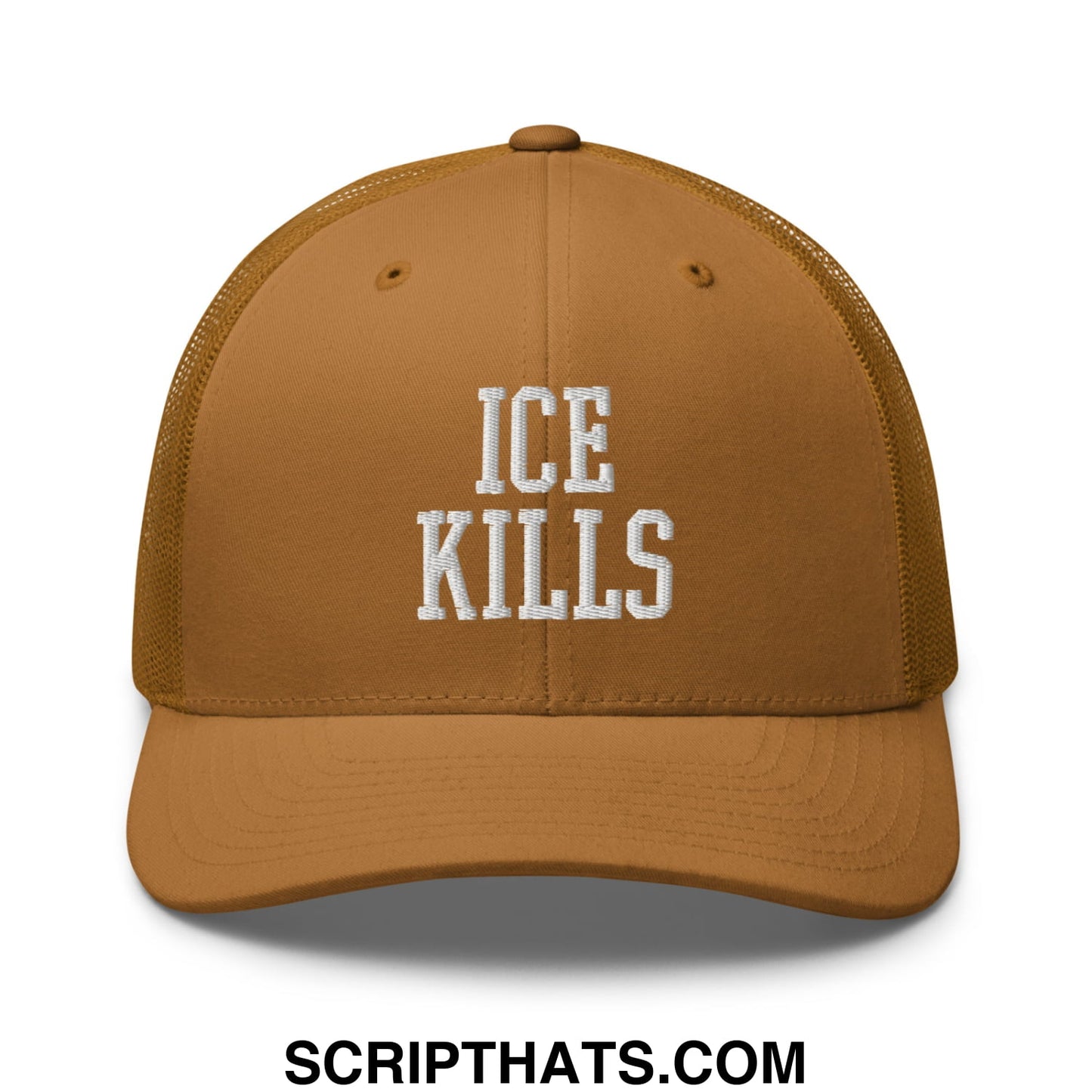 Tan mesh trucker hat with white embroidered ice kills text on the front in a breathable design