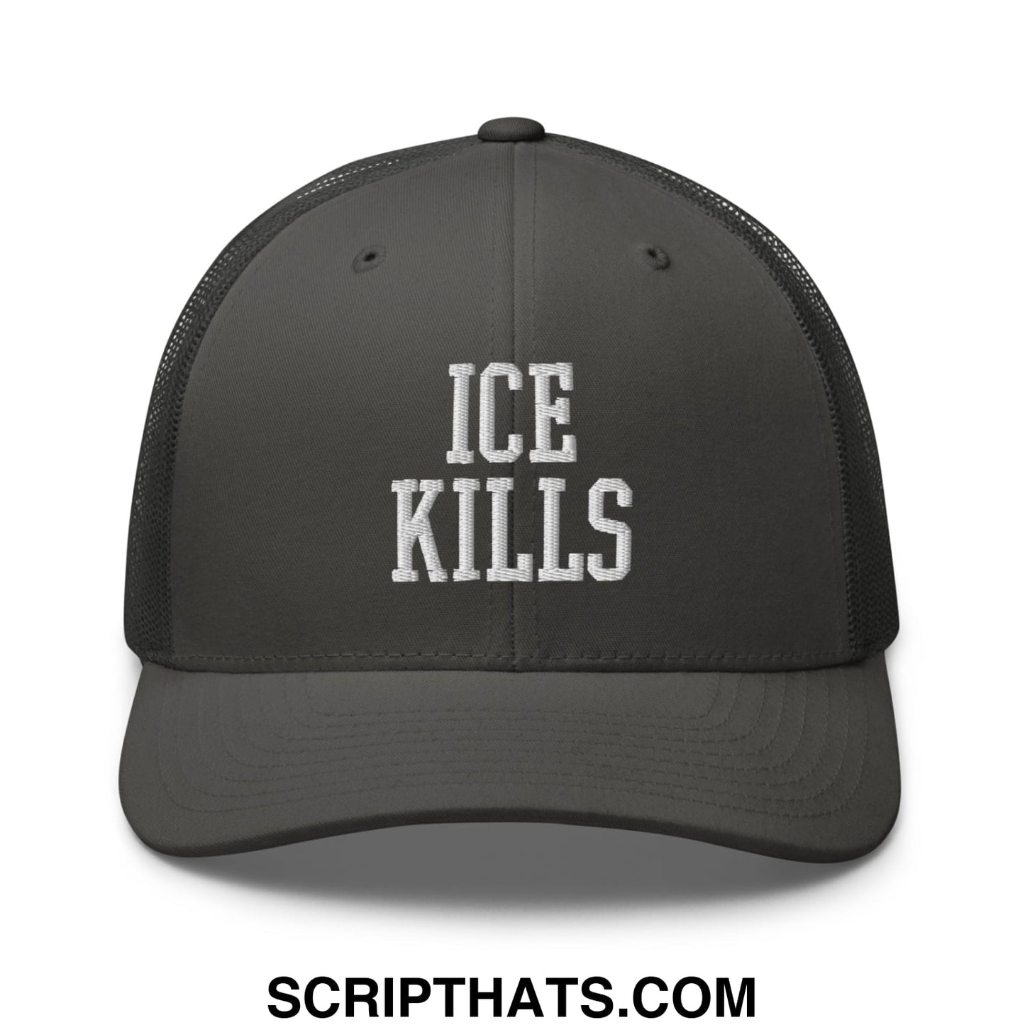 Dark gray mesh trucker hat with white embroidered ice kills text on the front for casual wear