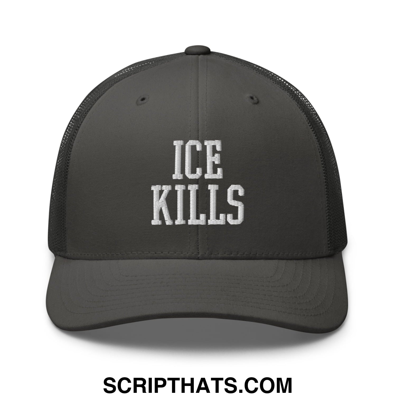 Dark gray mesh trucker hat with white embroidered ice kills text on the front for casual wear