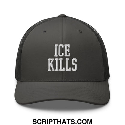 Dark gray mesh trucker hat with white embroidered ice kills text on the front for casual wear