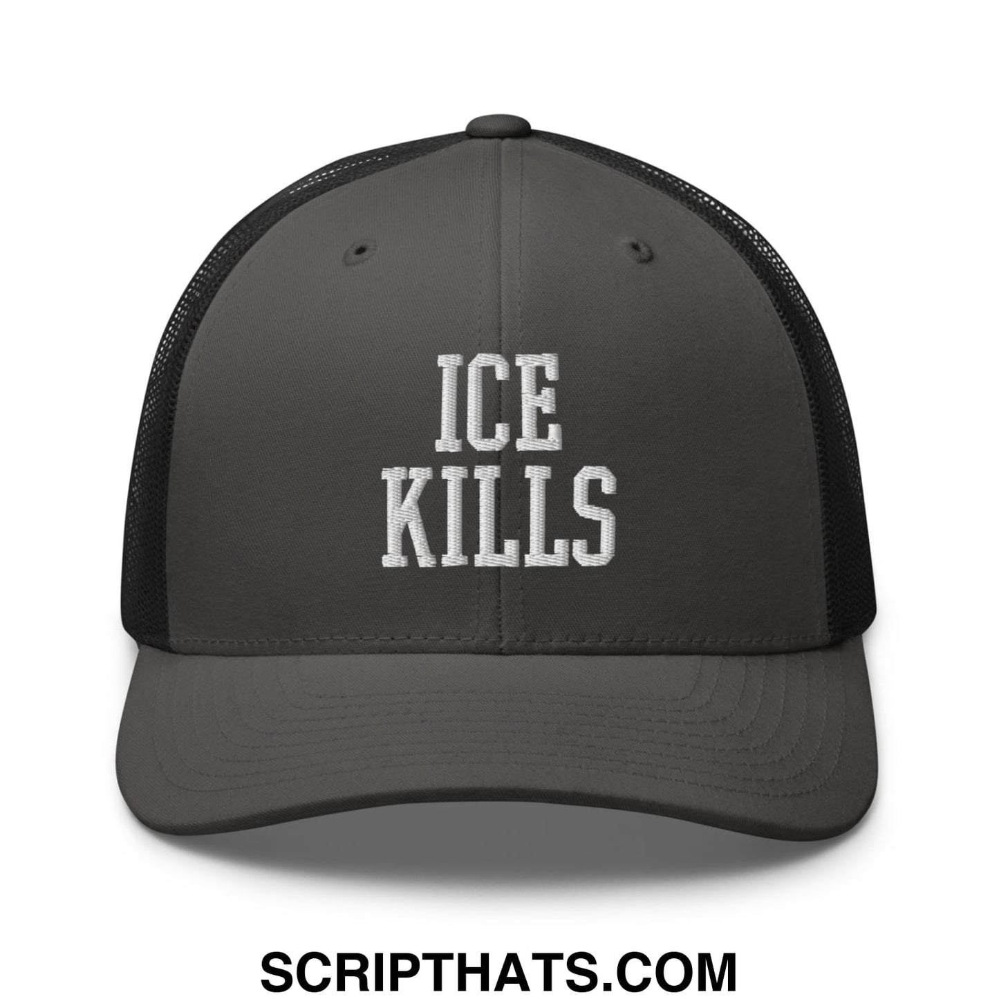 Dark gray mesh trucker hat with white embroidered ice kills text on front for casual streetwear use