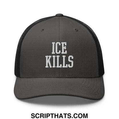 Dark gray mesh trucker hat with white embroidered ice kills text on front for casual streetwear use