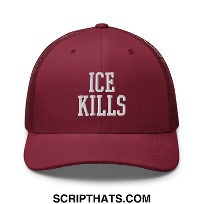 Maroon ice kills embroidered mesh trucker hat with white text on front for casual outdoor wear