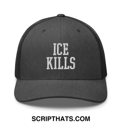 Black mesh trucker hat with white embroidered ice kills text on the front for casual streetwear use