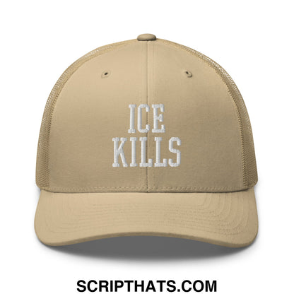 Beige mesh trucker hat with white embroidered ice kills text on front for casual and outdoor wear