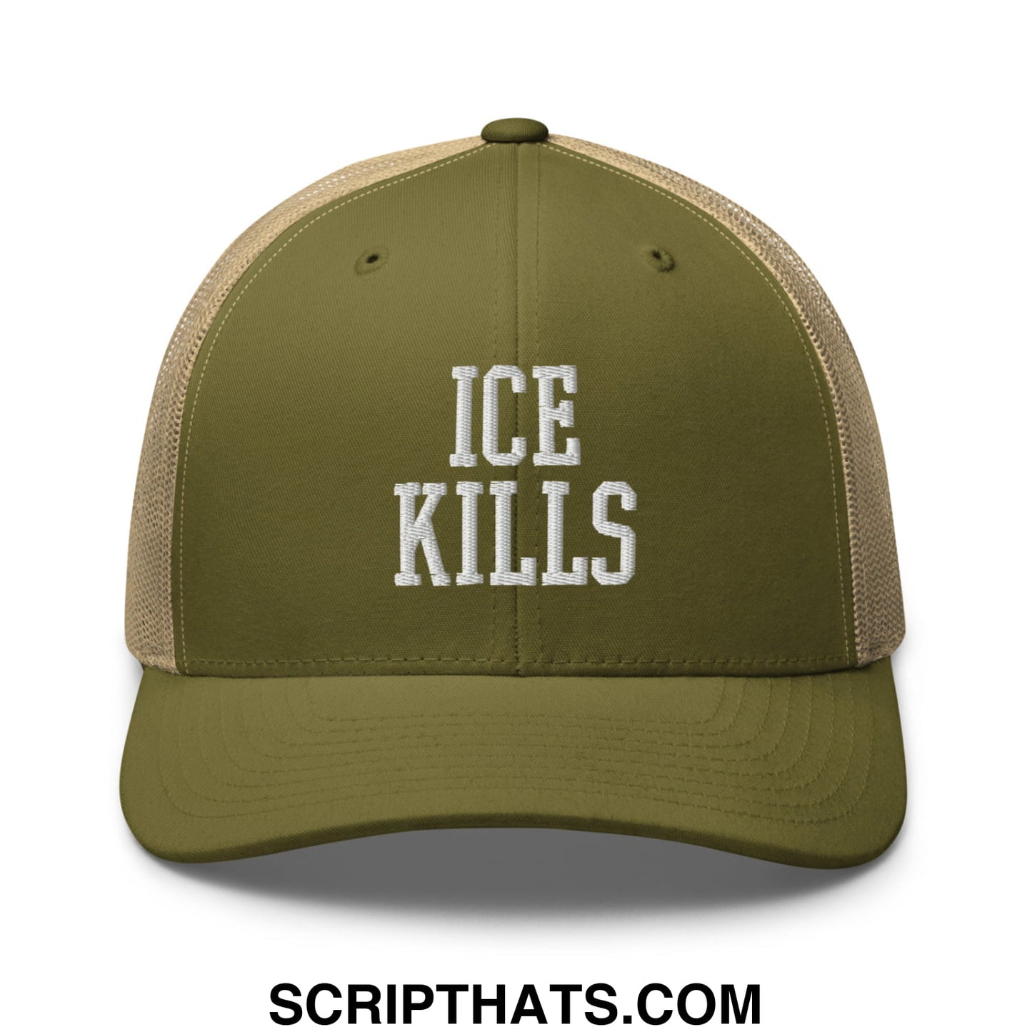 Olive green and tan mesh trucker hat with ice kills embroidered in white on front panel