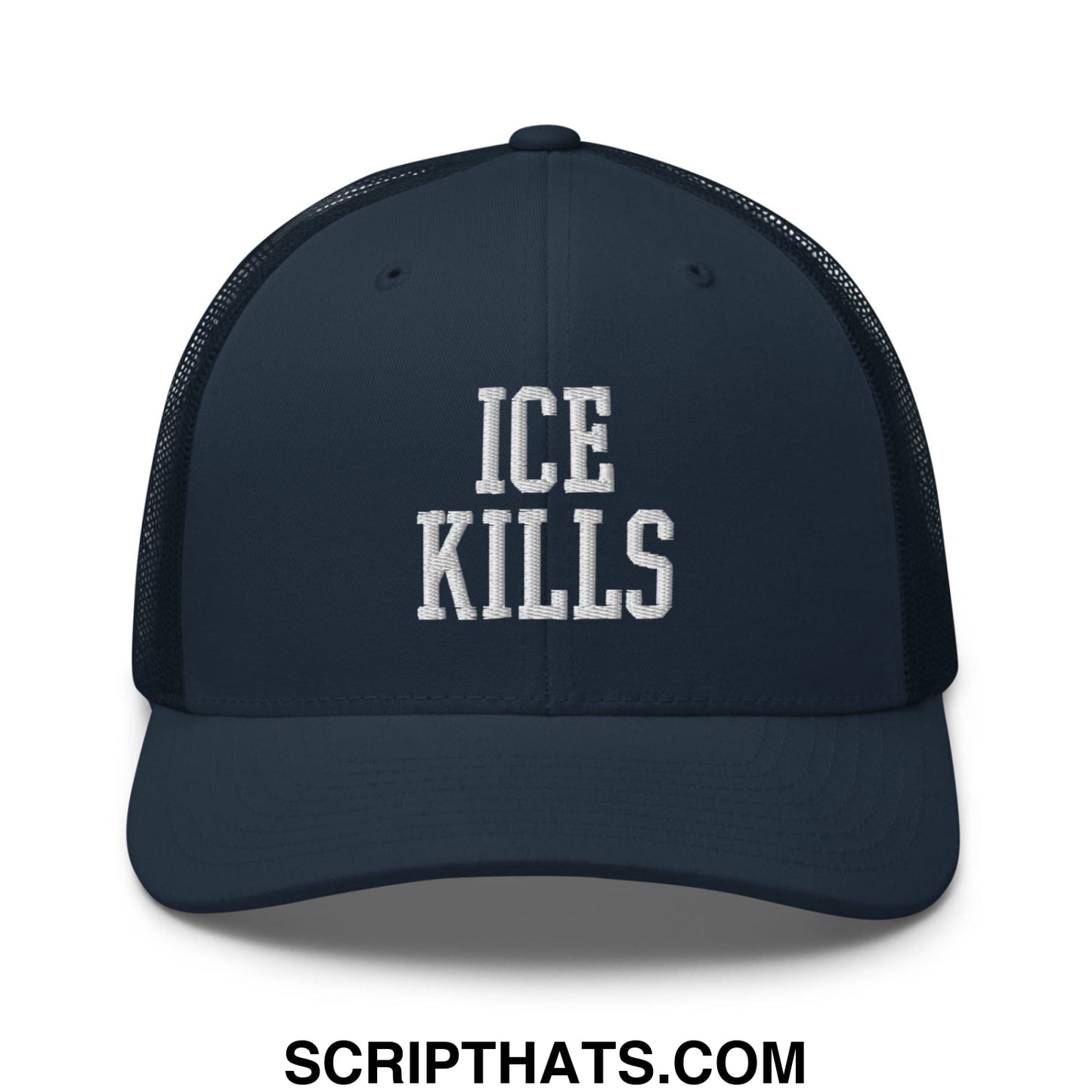 Dark navy blue ice kills embroidered mesh trucker hat with white text on the front