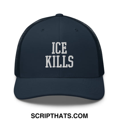 Dark navy blue ice kills embroidered mesh trucker hat with white text on the front