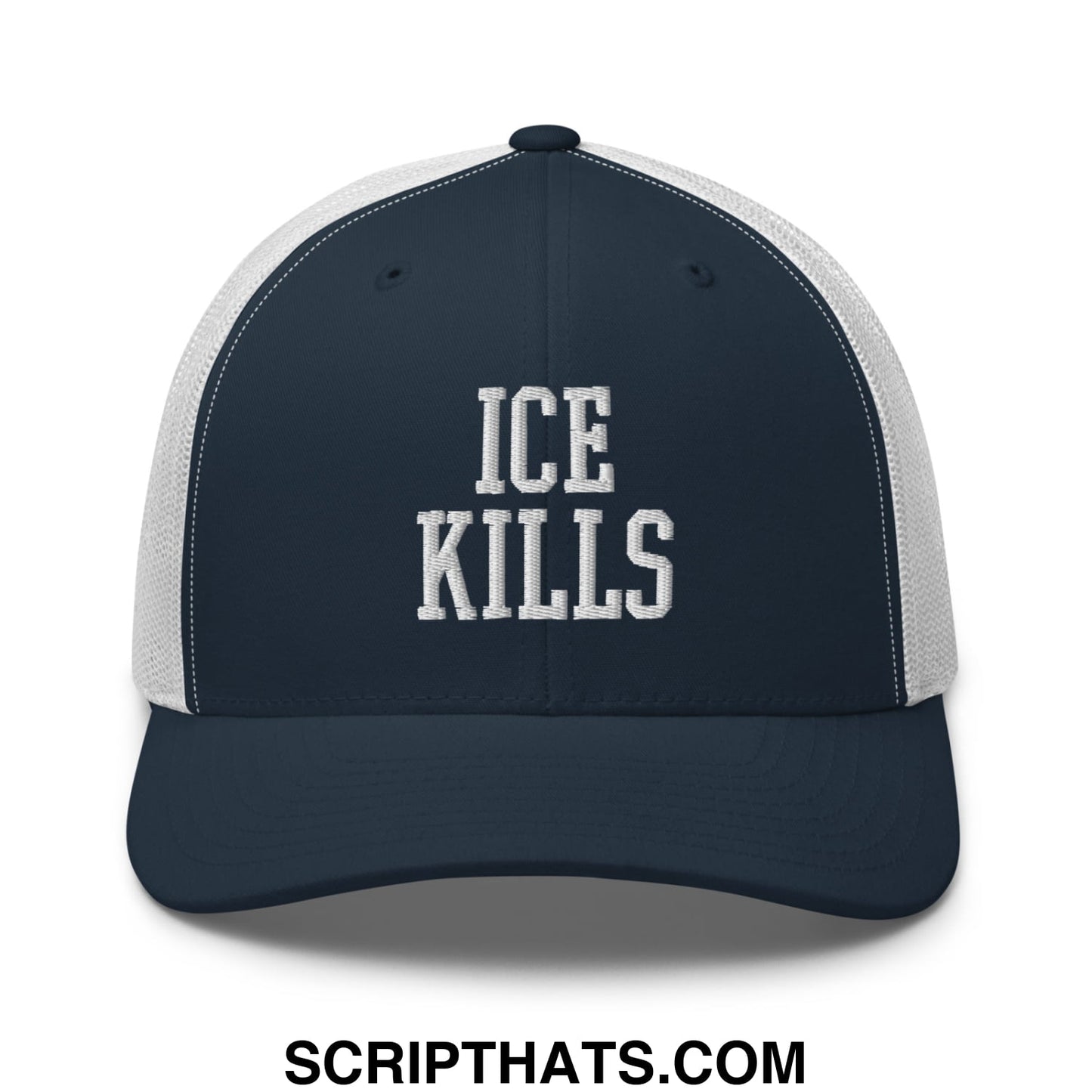 Navy blue and white mesh trucker hat with ice kills embroidered in bold block letters on the front