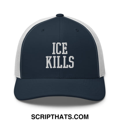 Navy blue and white mesh trucker hat with ice kills embroidered in bold block letters on the front