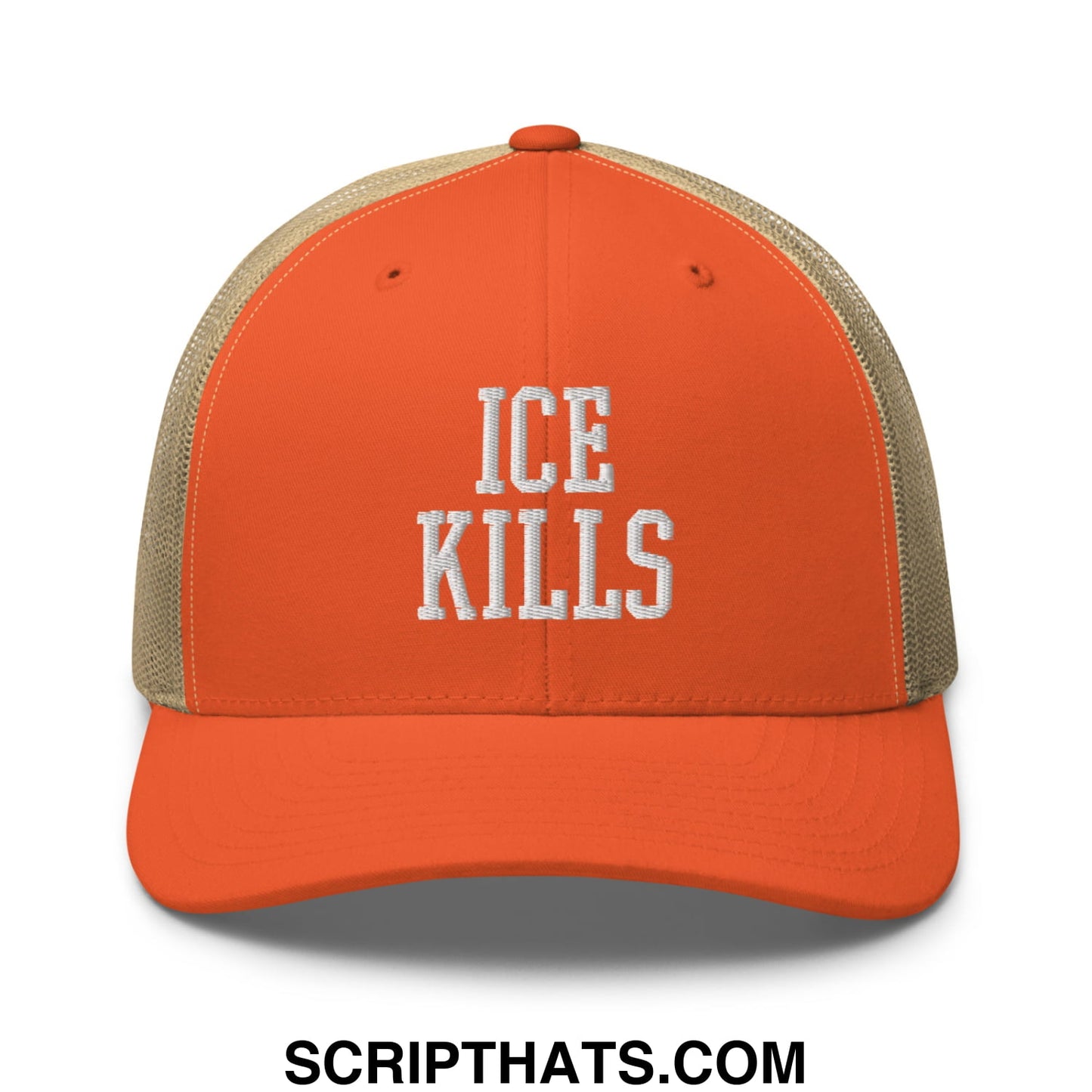 Orange and beige mesh trucker hat with ice kills embroidered in white on the front panel