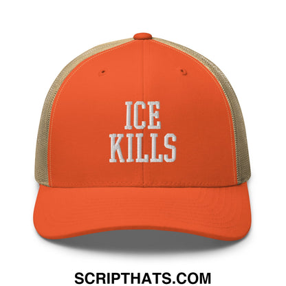Orange and beige mesh trucker hat with ice kills embroidered in white on the front panel