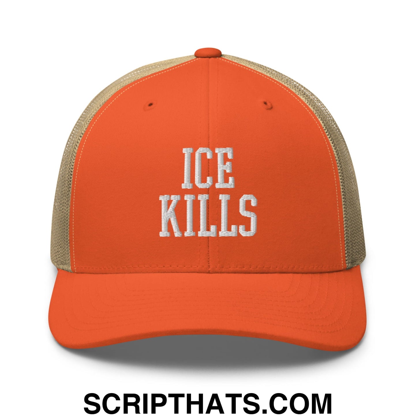 ICE Kills Embroidered Mesh Trucker Hat Rustic Orange Khaki