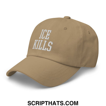 Tan unstructured dad hat with ice kills embroidered in white thread for casual wear