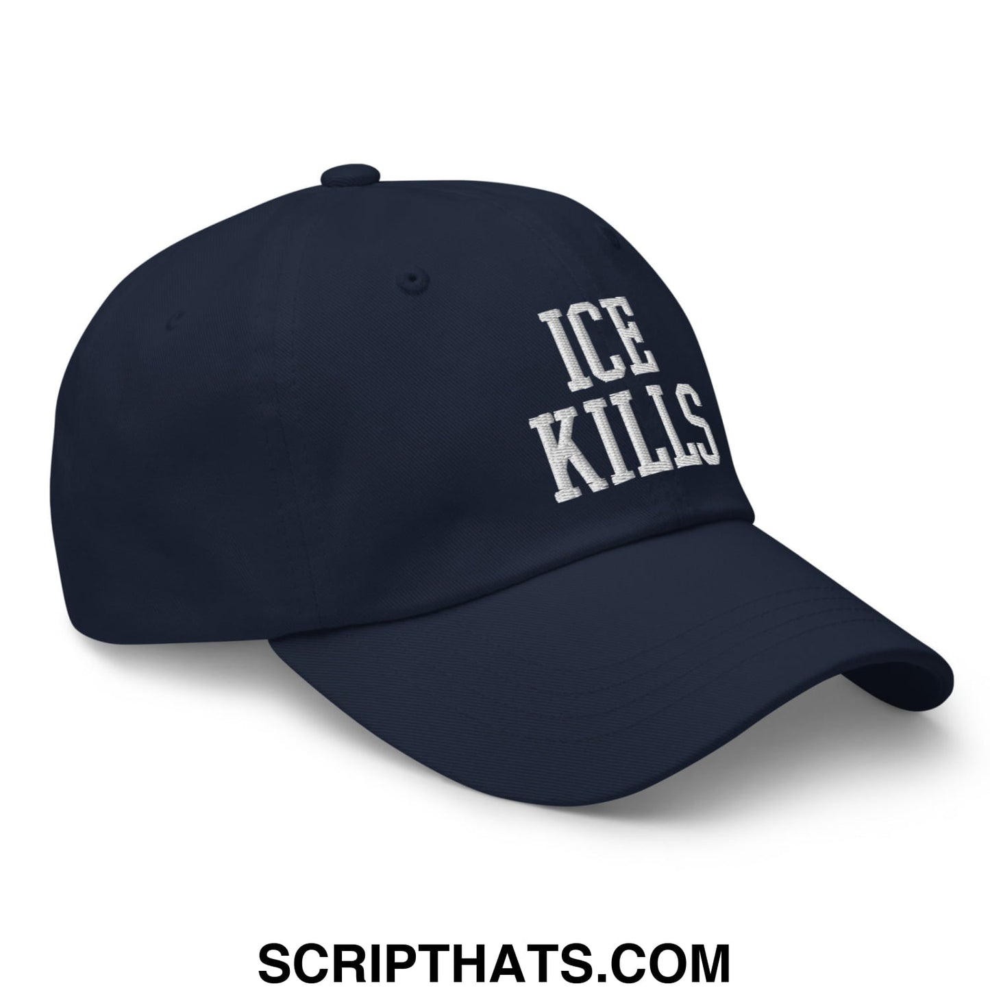 Navy blue unstructured dad hat with ice kills embroidered in white perfect for casual wear