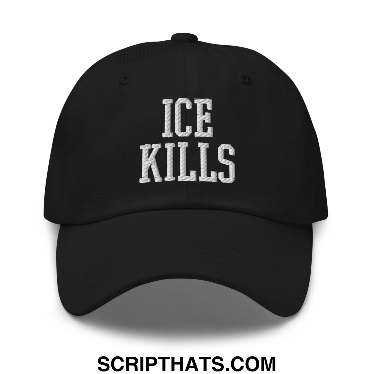 Black ice kills embroidered unstructured dad hat with six-panel design and adjustable strap visible from the back