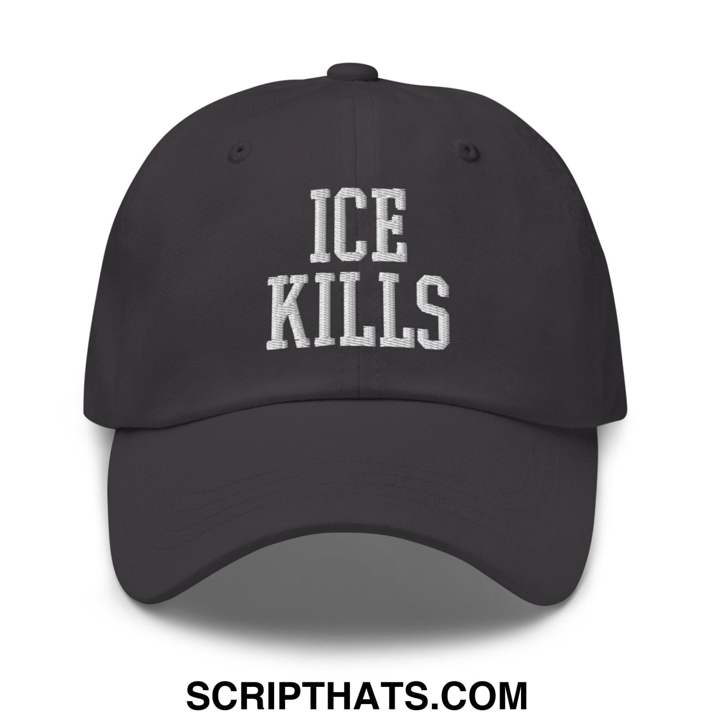 Black unstructured dad hat with white embroidered ice kills text in a casual streetwear style