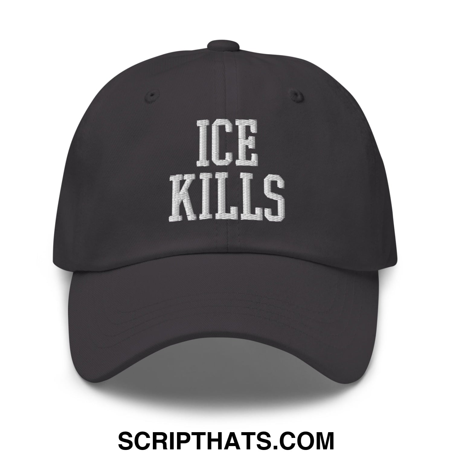 Black unstructured dad hat with white embroidered ice kills text in a casual streetwear style