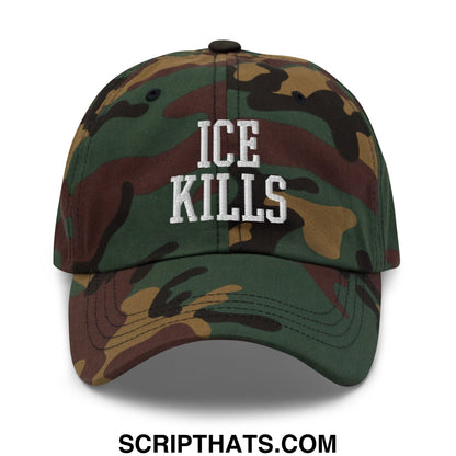 Camouflage ice kills embroidered unstructured dad hat with white lettering on front panel made of soft fabric