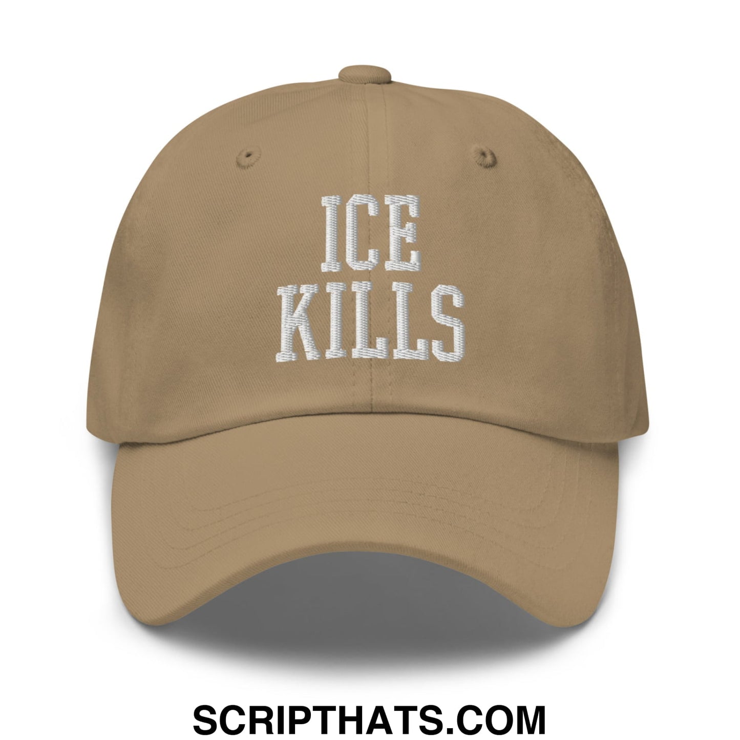 Beige unstructured dad hat with white embroidered ice kills text perfect for casual wear and sun protection