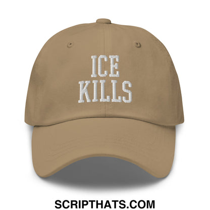 Beige unstructured dad hat with white embroidered ice kills text perfect for casual wear and sun protection