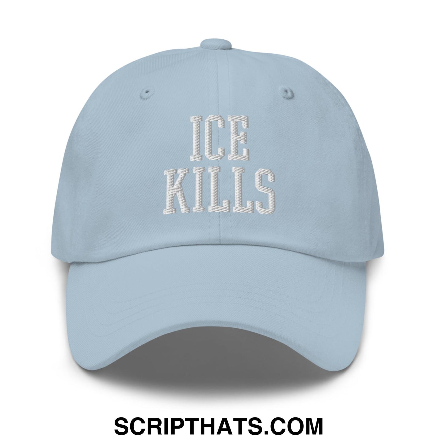 Light blue unstructured dad hat with ice kills embroidered in white thread on front for casual wear