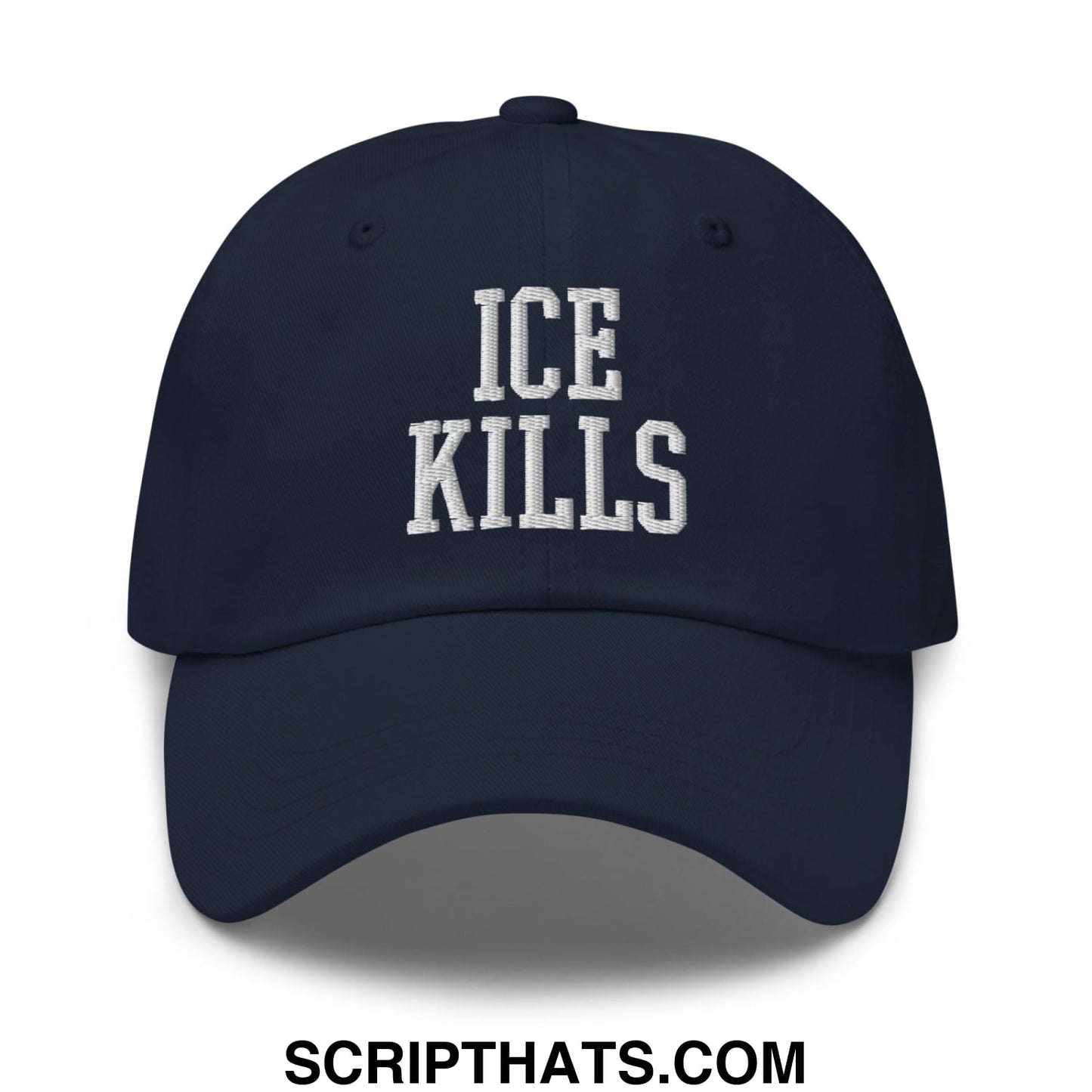 Navy blue unstructured dad hat with white embroidered ice kills text on the front for casual wear
