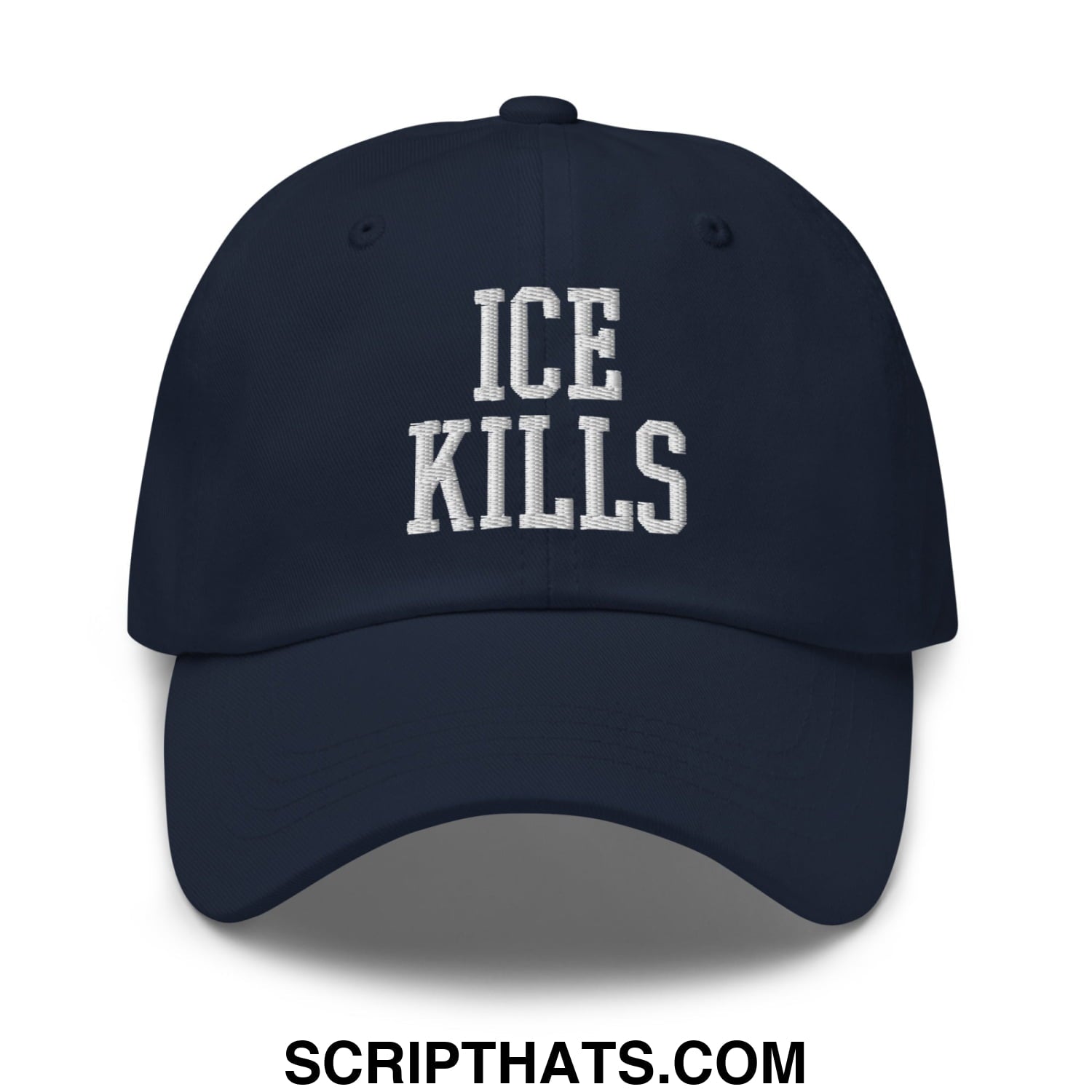 Navy blue unstructured dad hat with white embroidered ice kills text on the front for casual wear