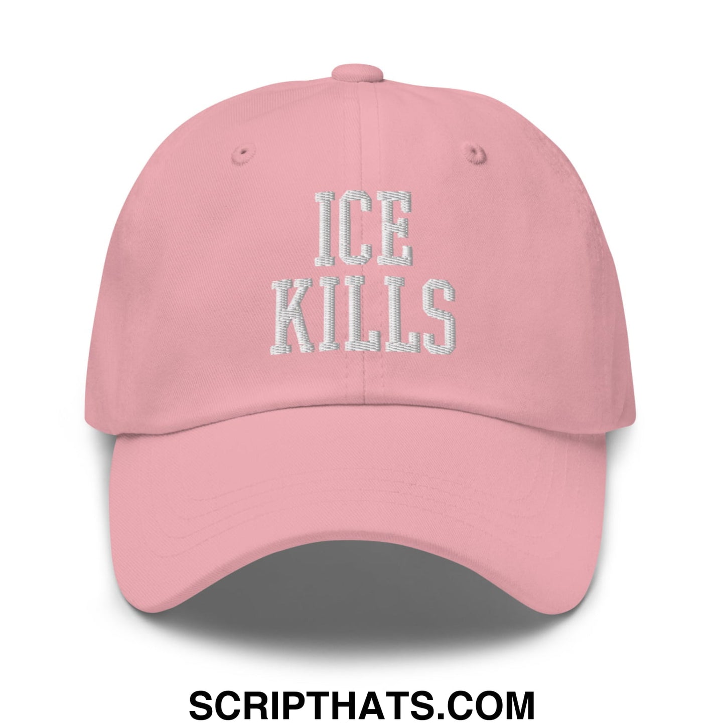 Pink unstructured dad hat with ice kills embroidered in silver thread on the front