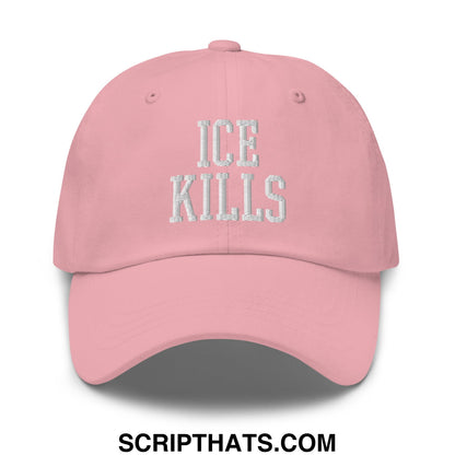 Pink unstructured dad hat with ice kills embroidered in silver thread on the front