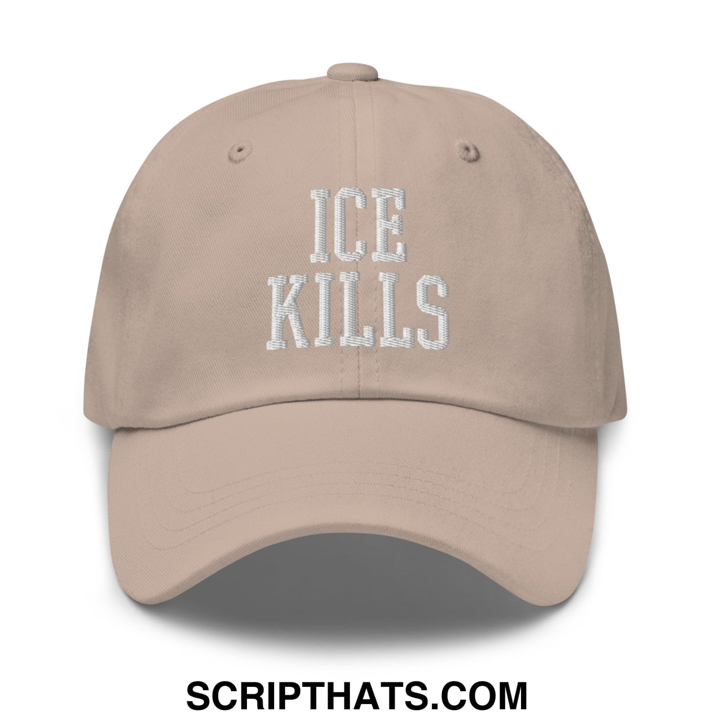 Beige unstructured dad hat with ice kills embroidered in white thread for casual outdoor wear