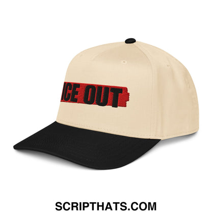Beige and black baseball snapback hat with ice out embroidered in bold red and black letters on the front