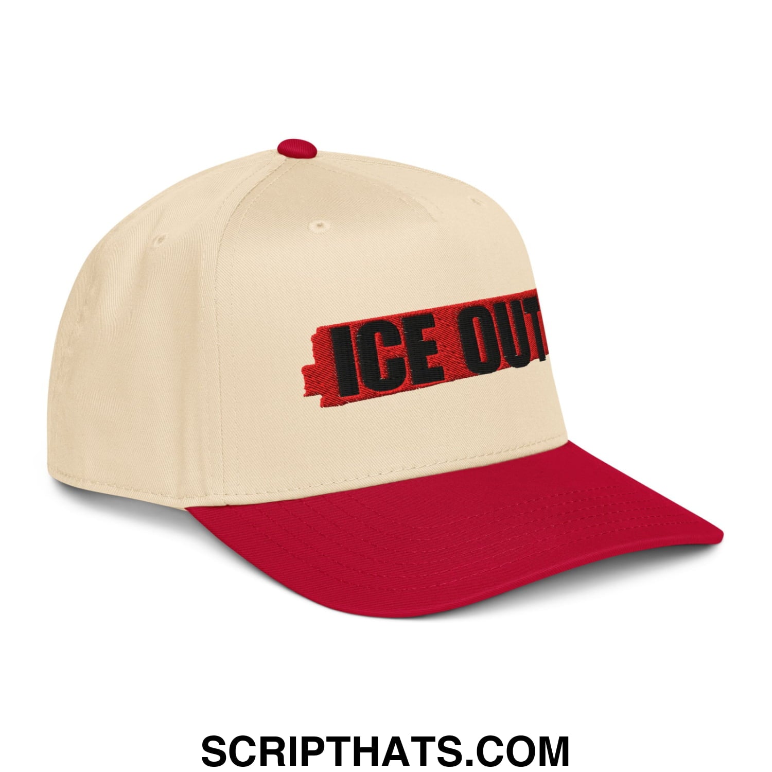 Cream-colored baseball snapback hat with red brim and black ice out embroidered text on front