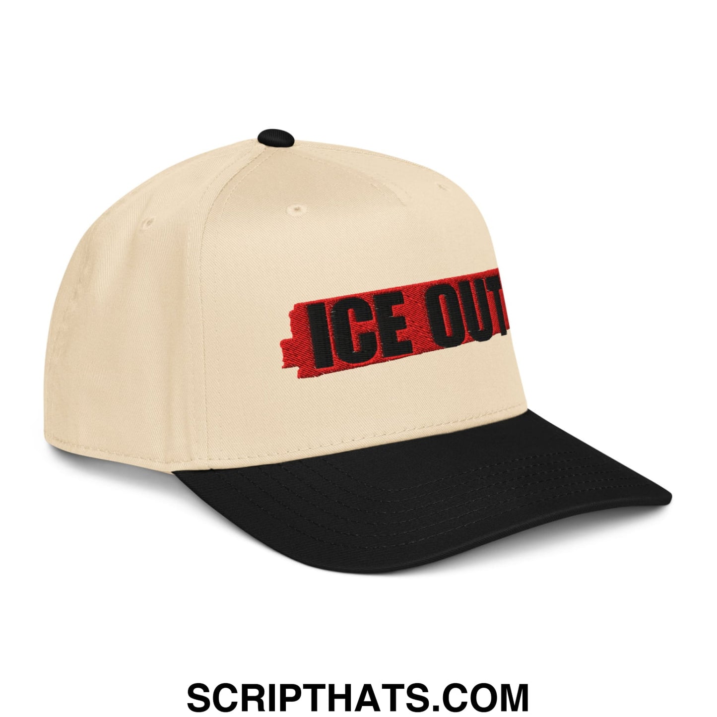 Beige and black baseball snapback hat with ice out embroidered in bold red and black lettering