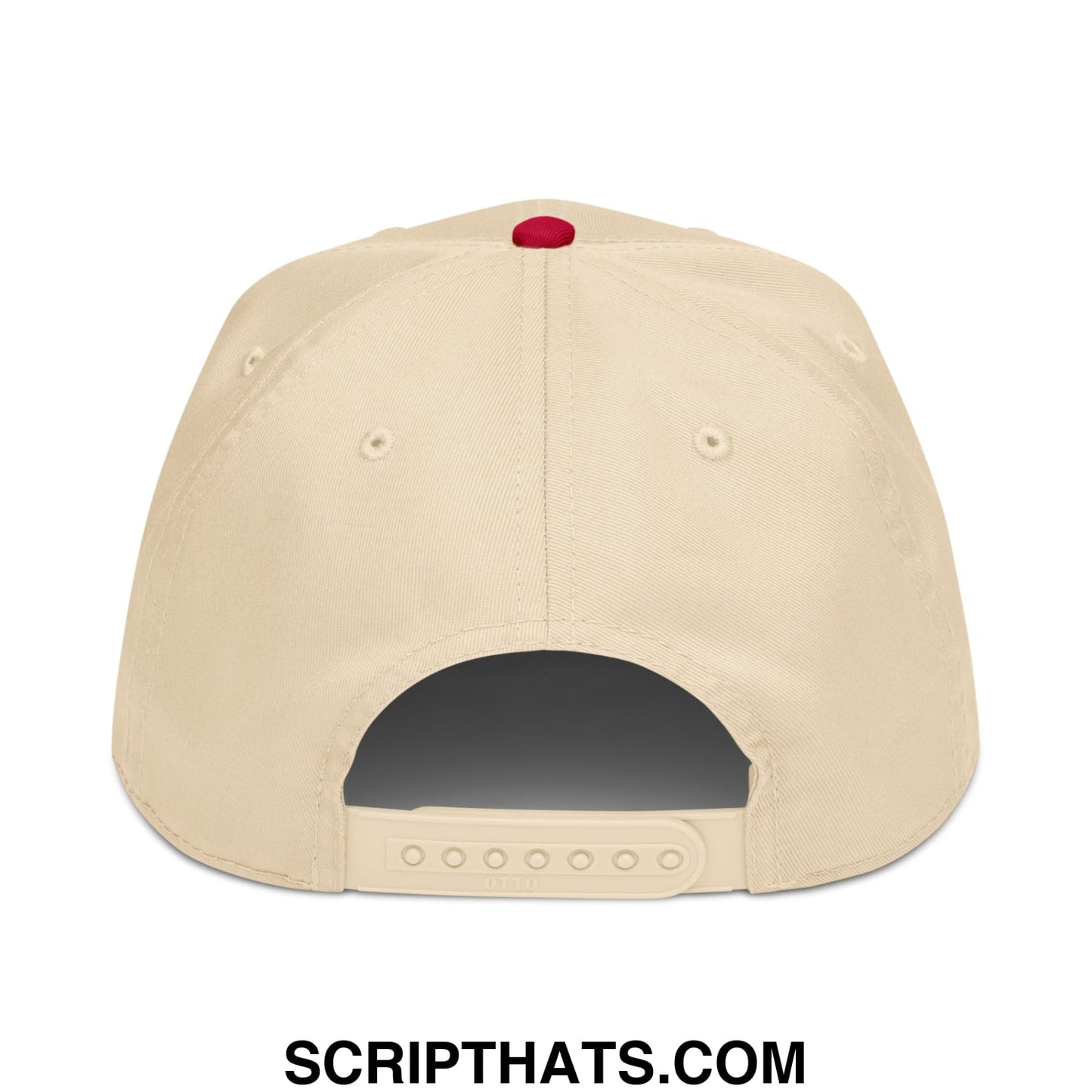 Beige ice out embroidered baseball snapback hat with red button and adjustable strap shown from the back