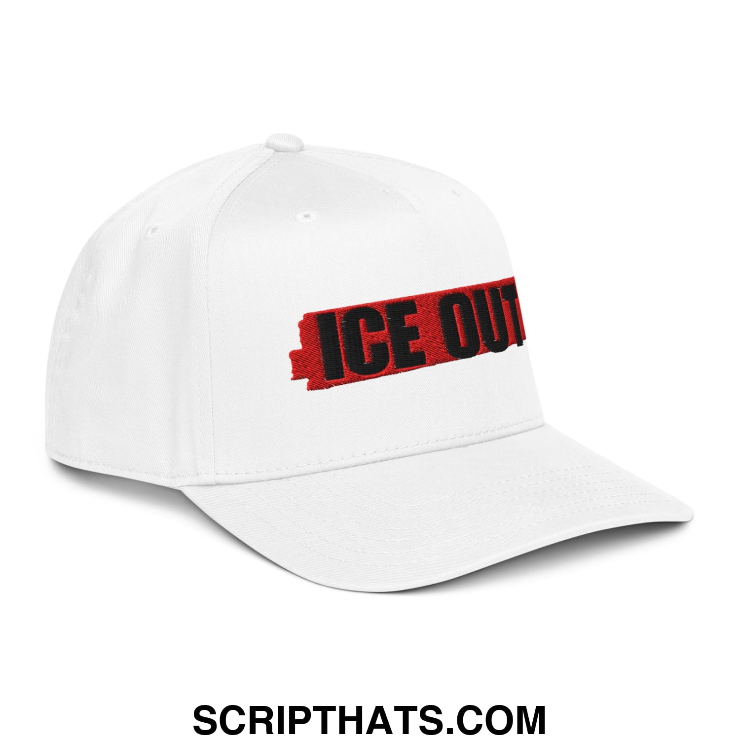 White baseball snapback hat with bold ice out embroidered in black on the front against a red textured background